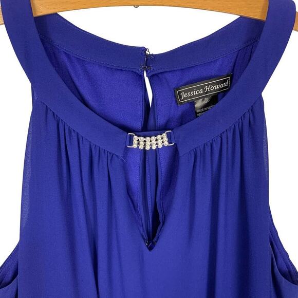 Jessica Howard Royal Blue Halter Chiffon Sleeveless Midi Shift Dress - Size 14P - Picture 4 of 7